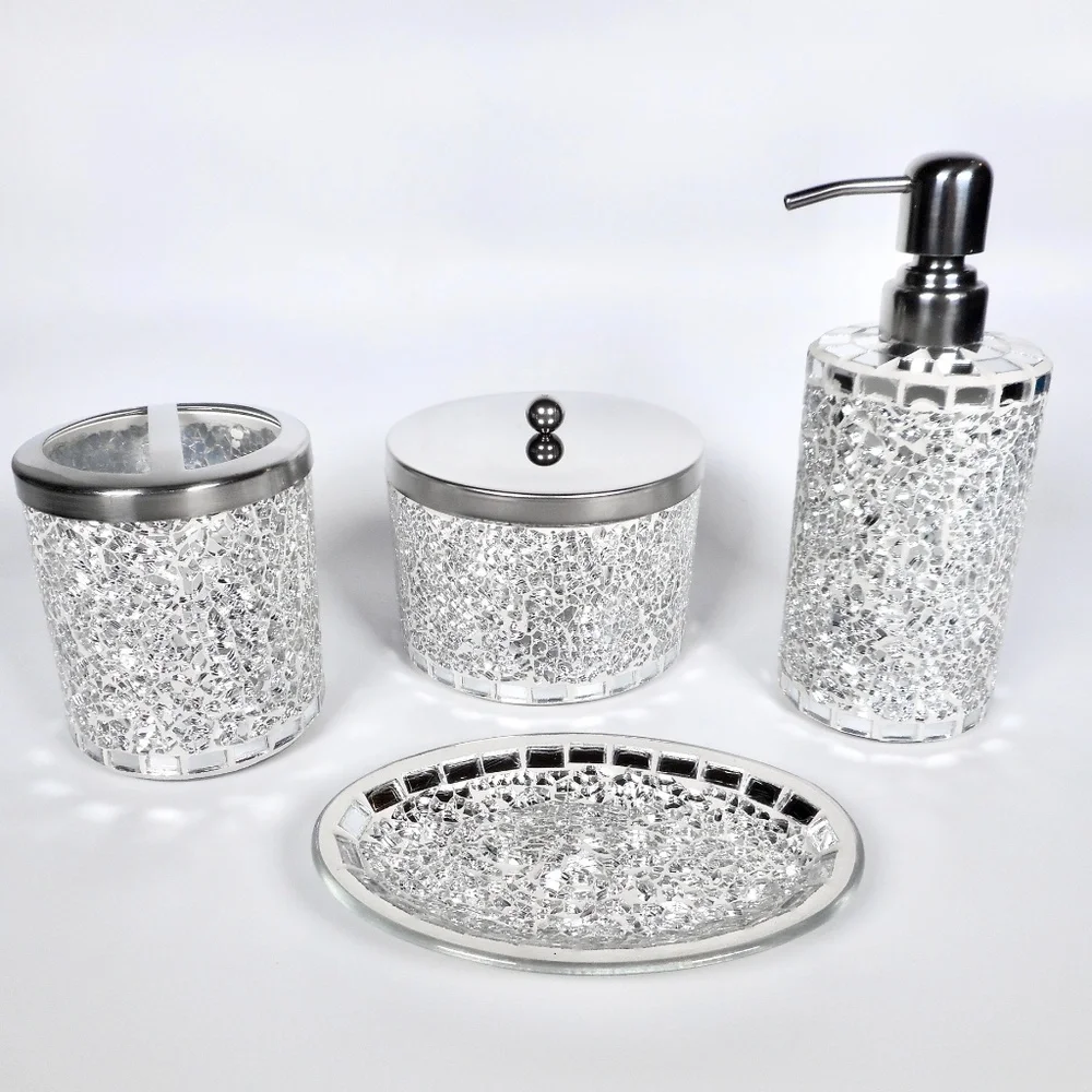 4 pc Mosiac Silver Mirror Glass Soap Dispenser Dish Jar Toothbrush Holder Bling